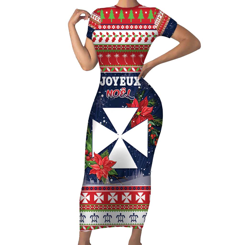 Wallis and Futuna Christmas Short Sleeve Bodycon Dress Poinsettia Joyeux Noel