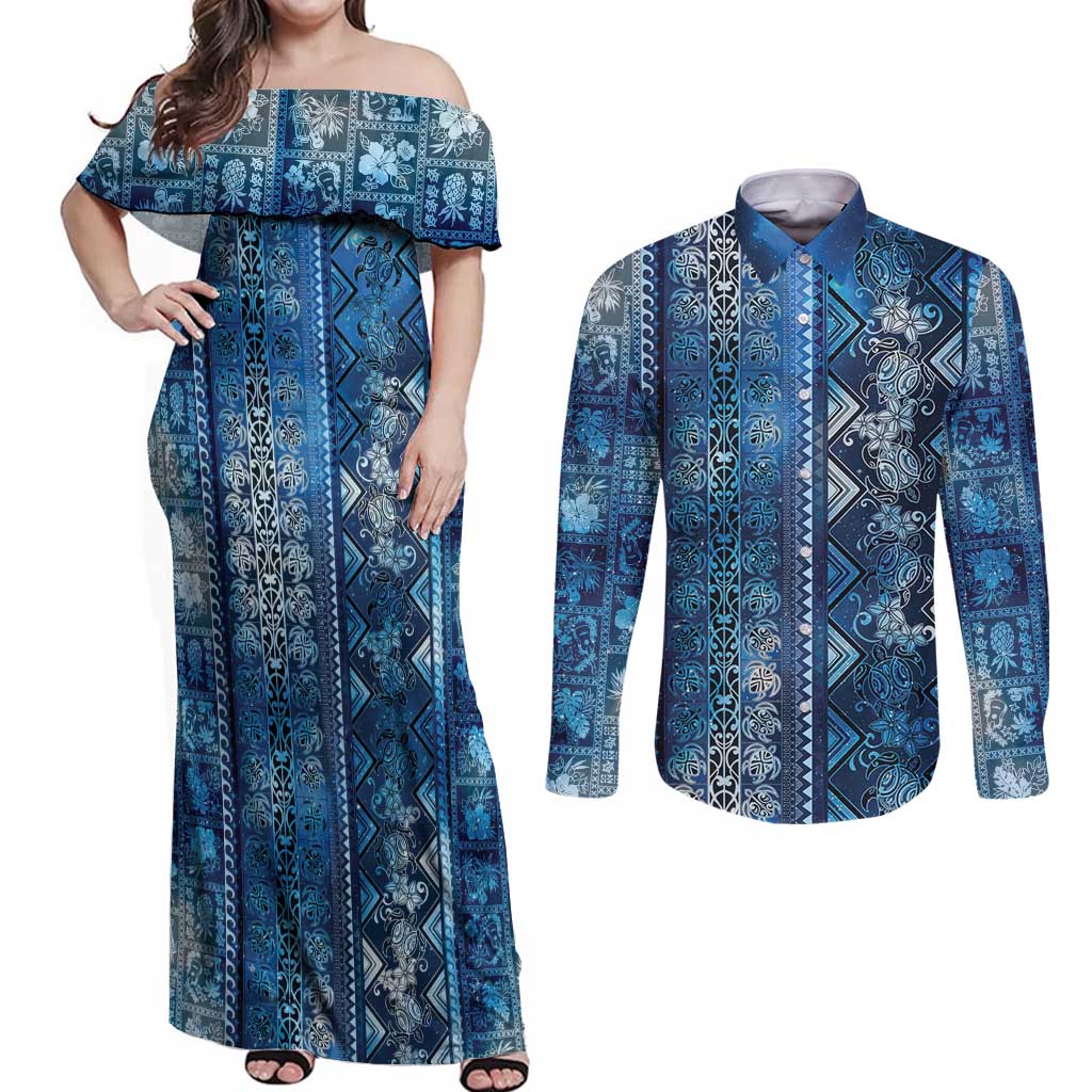 Hawaii Makahiki Turtle Couples Matching Off Shoulder Maxi Dress and Long Sleeve Button Shirt Galaxy Tapa Pattern - Polynesian Pride