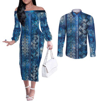 Hawaii Makahiki Turtle Couples Matching Off The Shoulder Long Sleeve Dress and Long Sleeve Button Shirt Galaxy Tapa Pattern - Polynesian Pride