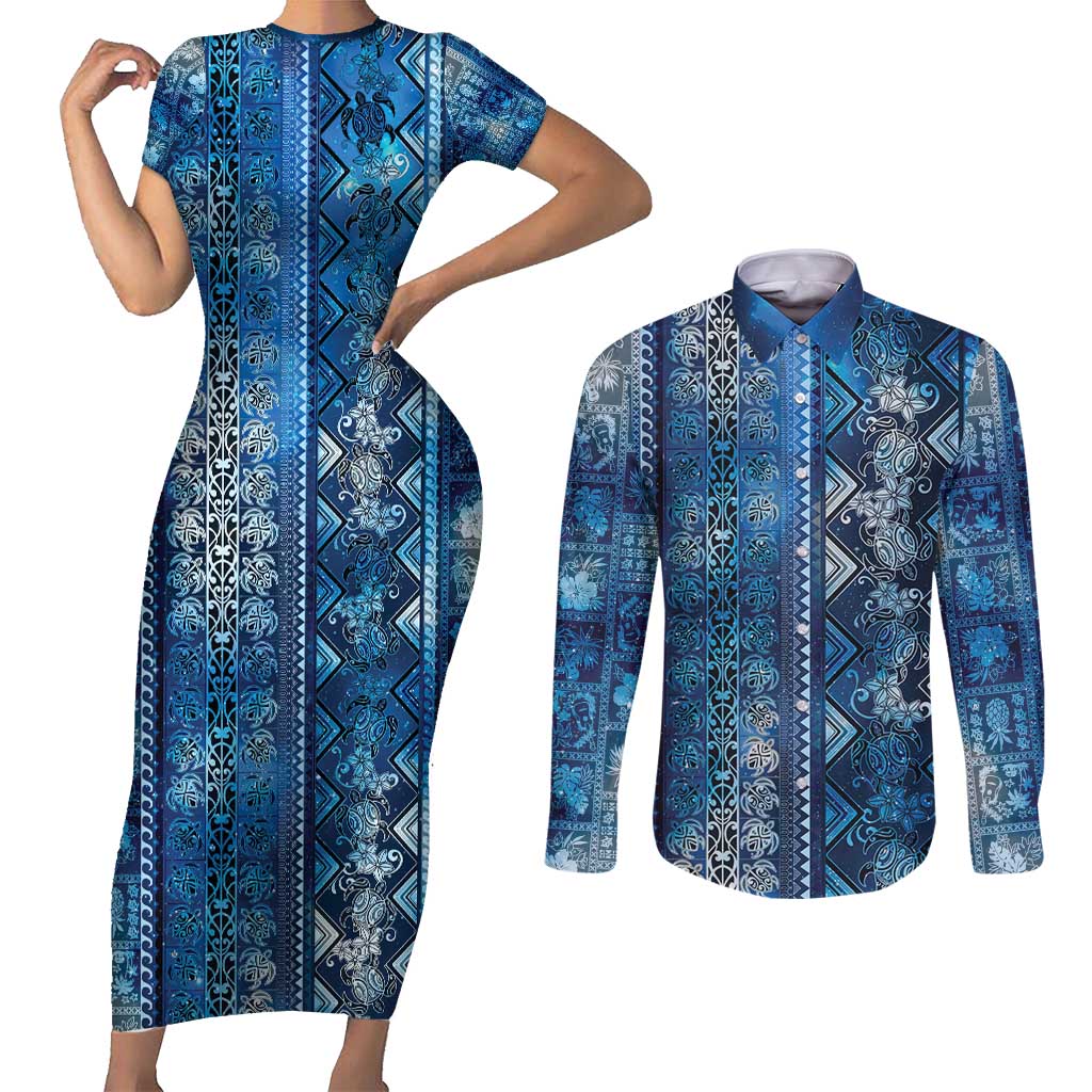Hawaii Makahiki Turtle Couples Matching Short Sleeve Bodycon Dress and Long Sleeve Button Shirt Galaxy Tapa Pattern - Polynesian Pride