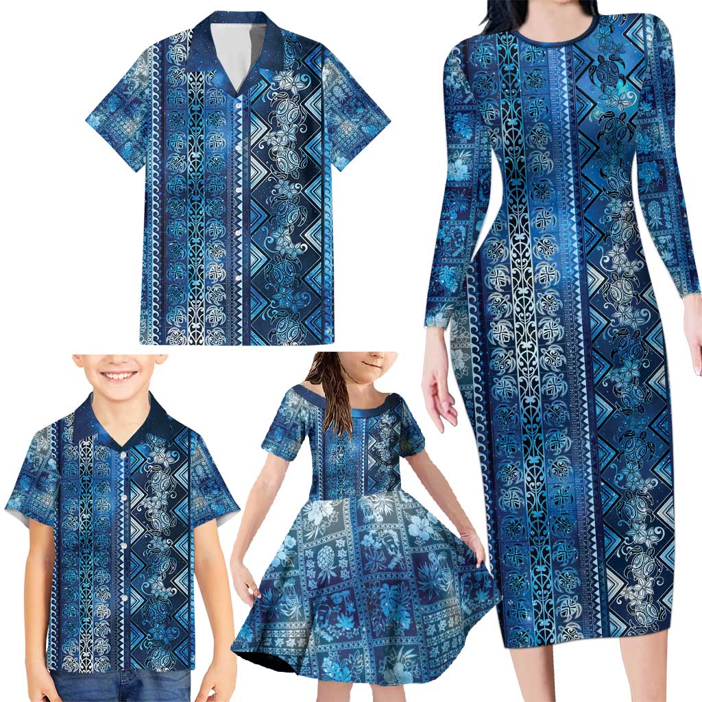 Hawaii Makahiki Turtle Family Matching Long Sleeve Bodycon Dress and Hawaiian Shirt Galaxy Tapa Pattern LT05 - Polynesian Pride