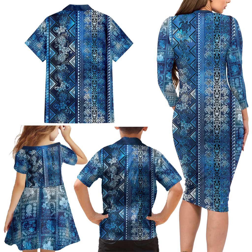 Hawaii Makahiki Turtle Family Matching Long Sleeve Bodycon Dress and Hawaiian Shirt Galaxy Tapa Pattern LT05 - Polynesian Pride