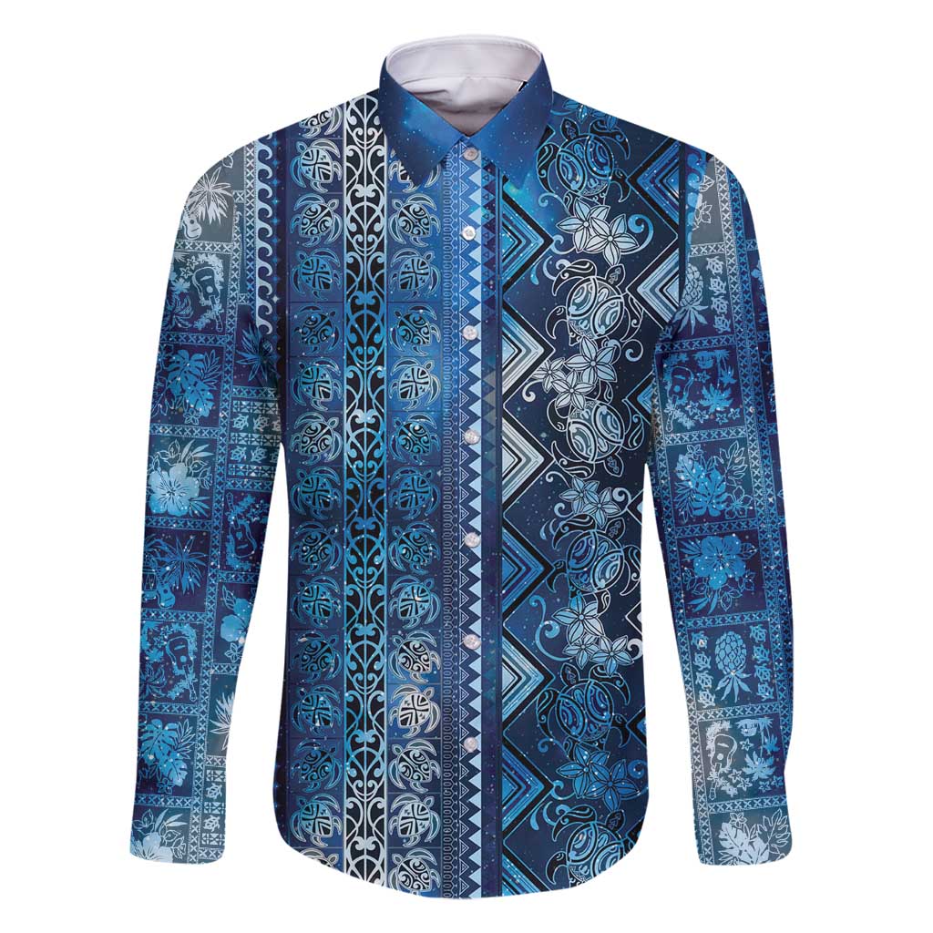 Hawaii Makahiki Turtle Family Matching Mermaid Dress and Hawaiian Shirt Galaxy Tapa Pattern LT05 Dad's Shirt - Long Sleeve Galaxy - Polynesian Pride