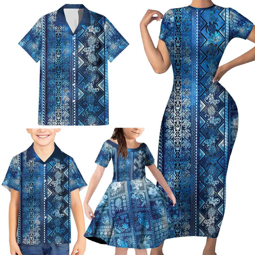 Hawaii Makahiki Turtle Family Matching Short Sleeve Bodycon Dress and Hawaiian Shirt Galaxy Tapa Pattern LT05 - Polynesian Pride
