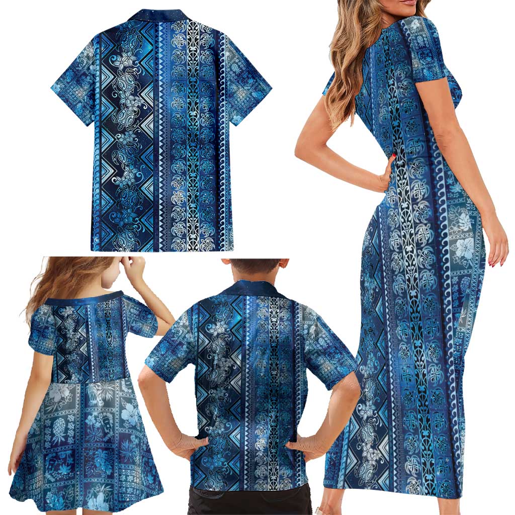 Hawaii Makahiki Turtle Family Matching Short Sleeve Bodycon Dress and Hawaiian Shirt Galaxy Tapa Pattern LT05 - Polynesian Pride