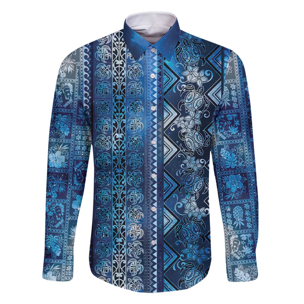 Hawaii Makahiki Turtle Family Matching Short Sleeve Bodycon Dress and Hawaiian Shirt Galaxy Tapa Pattern LT05 Dad's Shirt - Long Sleeve Galaxy - Polynesian Pride