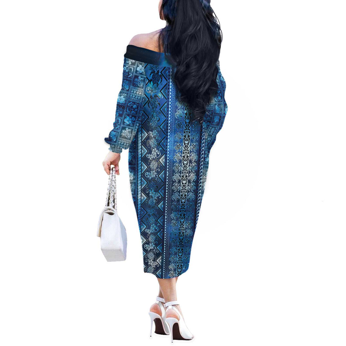 Hawaii Makahiki Turtle Off The Shoulder Long Sleeve Dress Galaxy Tapa Pattern LT05 - Polynesian Pride