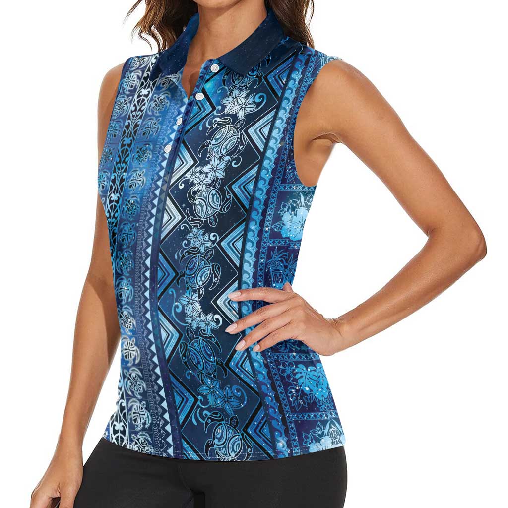 Hawaii Makahiki Turtle Women Sleeveless Polo Shirt Galaxy Tapa Pattern - Polynesian Pride