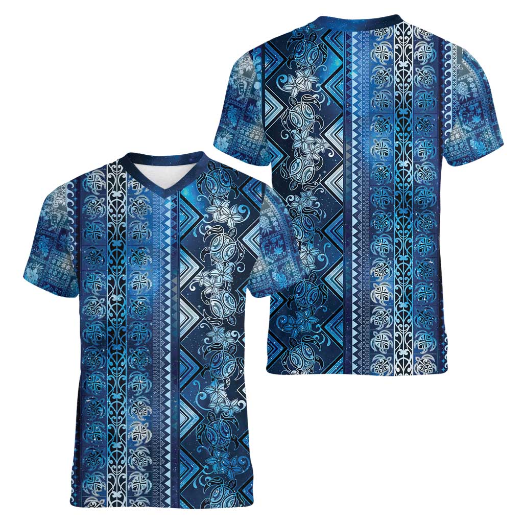 Hawaii Makahiki Turtle Women V-Neck T-Shirt Galaxy Tapa Pattern - Polynesian Pride