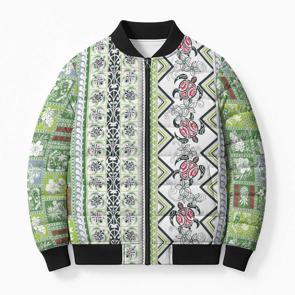 Hawaii Makahiki Turtle Bomber Puffer Jacket Green Tapa Pattern - Polynesian Pride