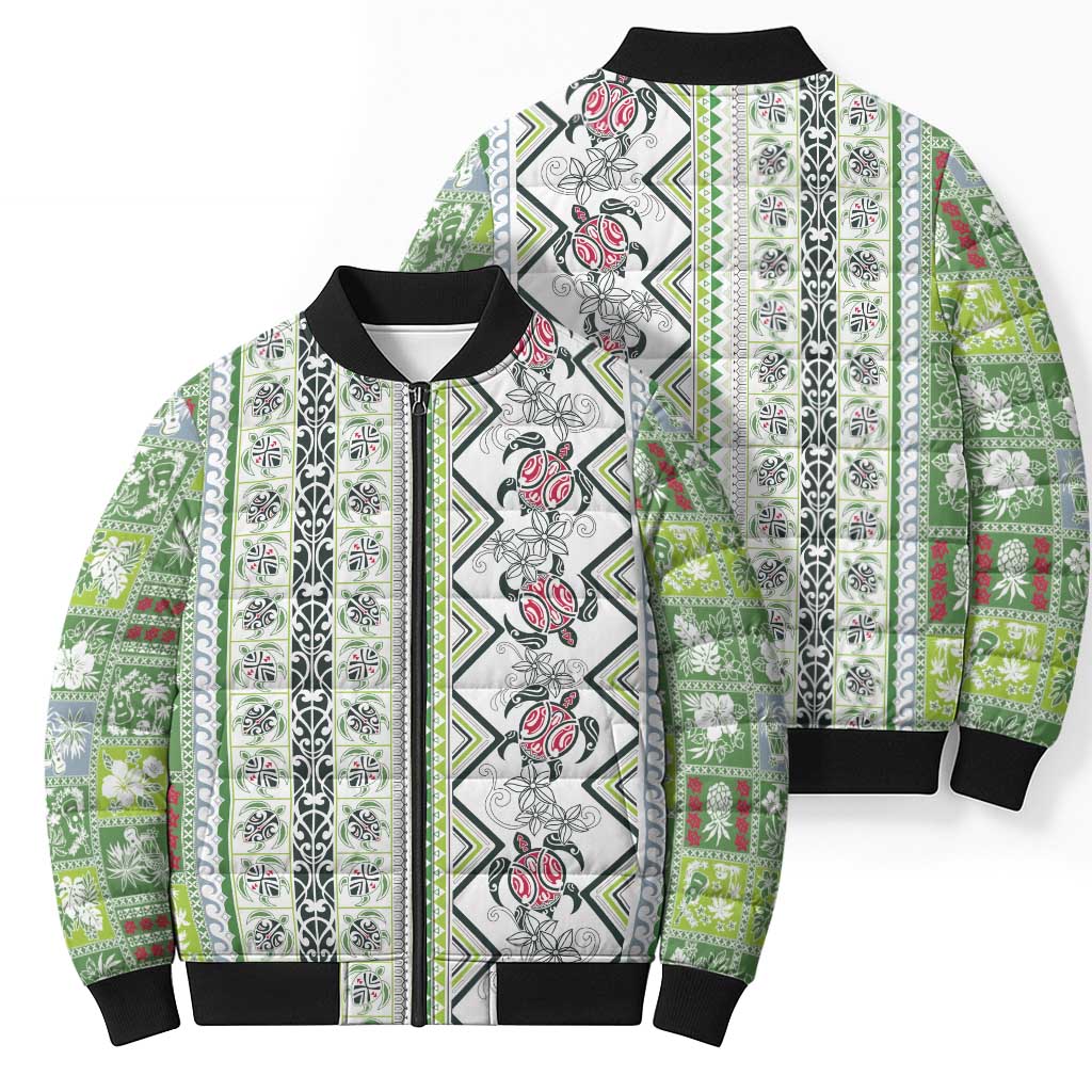 Hawaii Makahiki Turtle Bomber Puffer Jacket Green Tapa Pattern - Polynesian Pride