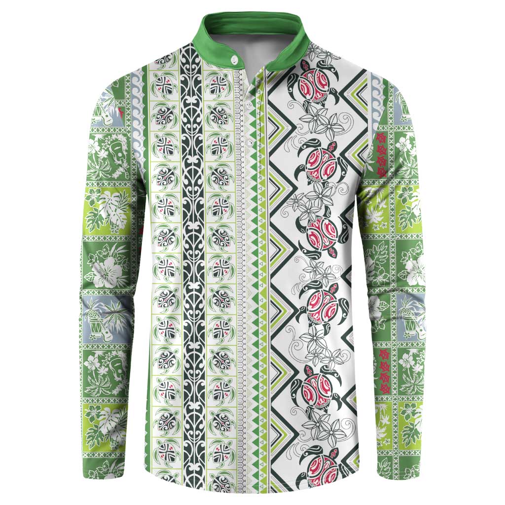 Hawaii Makahiki Turtle Button Sweatshirt Green Tapa Pattern LT05 Green - Polynesian Pride