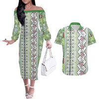 Hawaii Makahiki Turtle Couples Matching Off The Shoulder Long Sleeve Dress and Hawaiian Shirt Green Tapa Pattern LT05 Green - Polynesian Pride