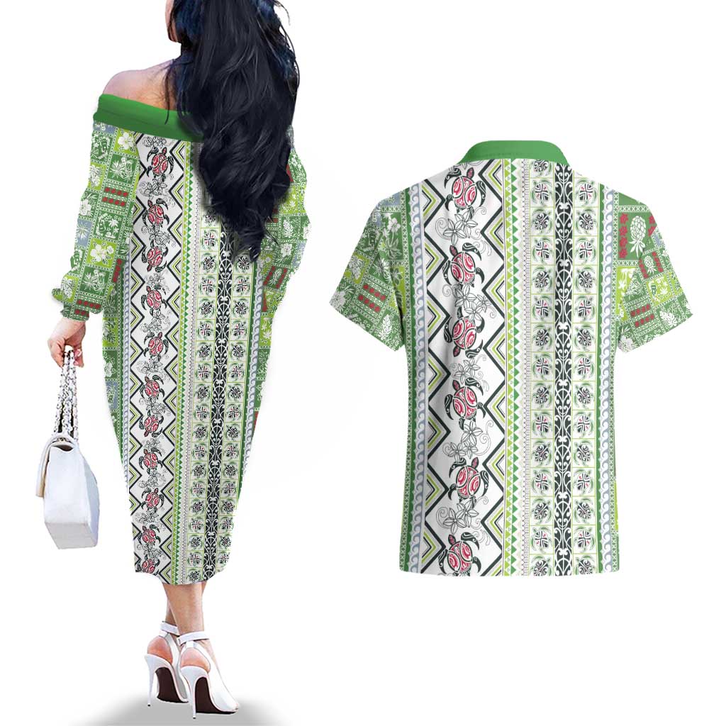 Hawaii Makahiki Turtle Couples Matching Off The Shoulder Long Sleeve Dress and Hawaiian Shirt Green Tapa Pattern LT05 - Polynesian Pride