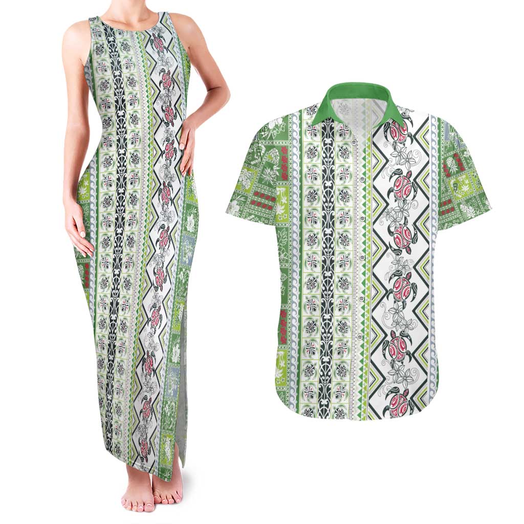 Hawaii Makahiki Turtle Couples Matching Tank Maxi Dress and Hawaiian Shirt Green Tapa Pattern - Polynesian Pride
