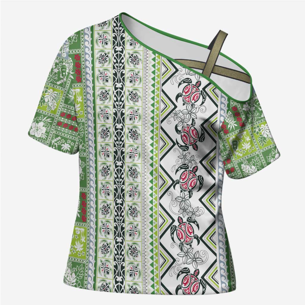 Hawaii Makahiki Turtle Cross Shoulder Shirt Green Tapa Pattern LT05 Female Green - Polynesian Pride