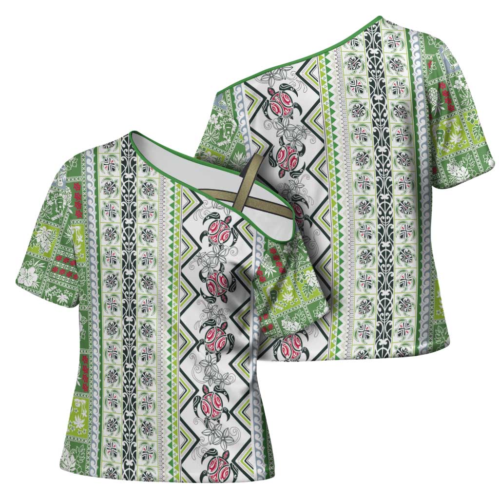 Hawaii Makahiki Turtle Cross Shoulder Shirt Green Tapa Pattern LT05 - Polynesian Pride