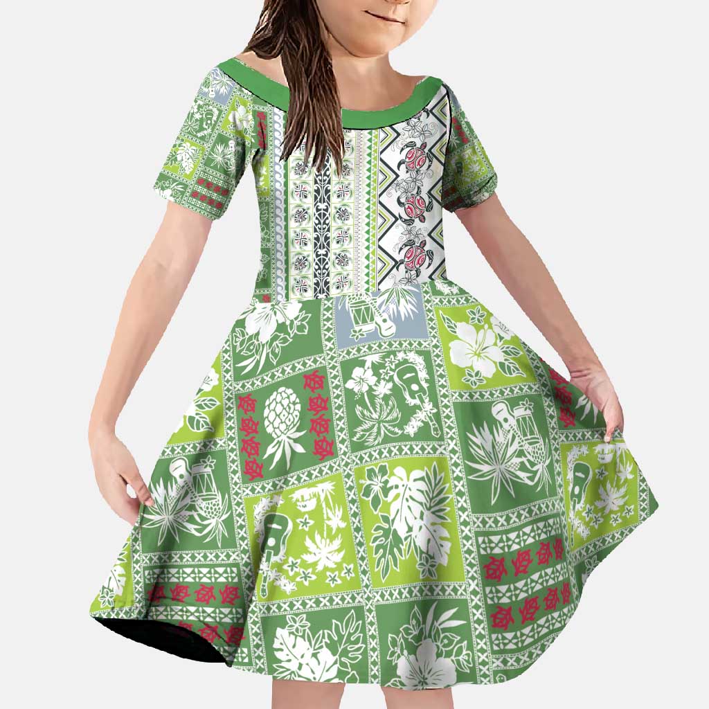 Hawaii Makahiki Turtle Family Matching Long Sleeve Bodycon Dress and Hawaiian Shirt Green Tapa Pattern LT05 Daughter's Dress Green - Polynesian Pride