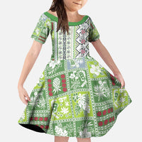 Hawaii Makahiki Turtle Family Matching Long Sleeve Bodycon Dress and Hawaiian Shirt Green Tapa Pattern LT05 Daughter's Dress Green - Polynesian Pride