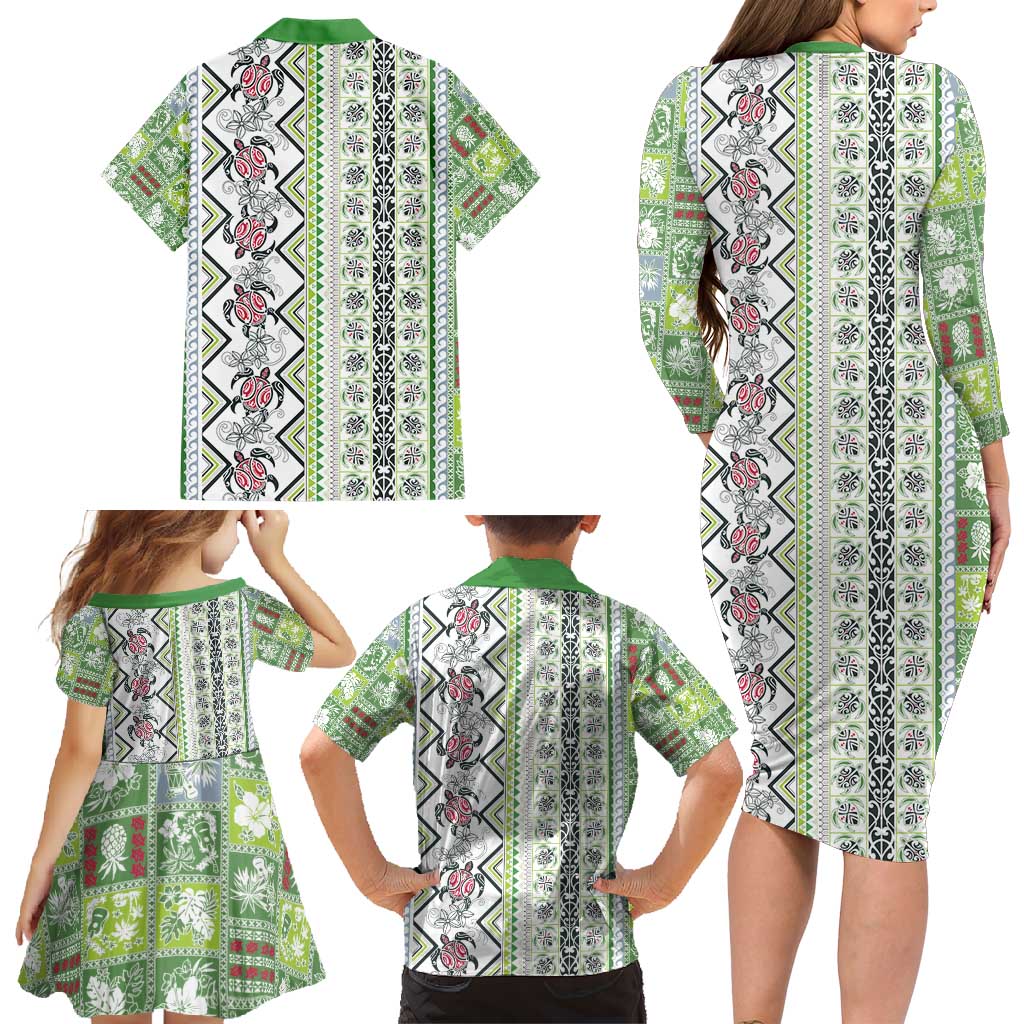 Hawaii Makahiki Turtle Family Matching Long Sleeve Bodycon Dress and Hawaiian Shirt Green Tapa Pattern LT05 - Polynesian Pride
