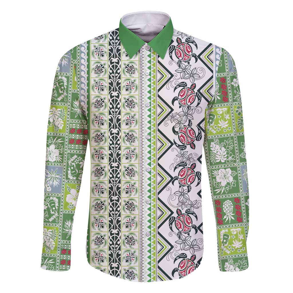 Hawaii Makahiki Turtle Family Matching Long Sleeve Bodycon Dress and Hawaiian Shirt Green Tapa Pattern LT05 Dad's Shirt - Long Sleeve Green - Polynesian Pride