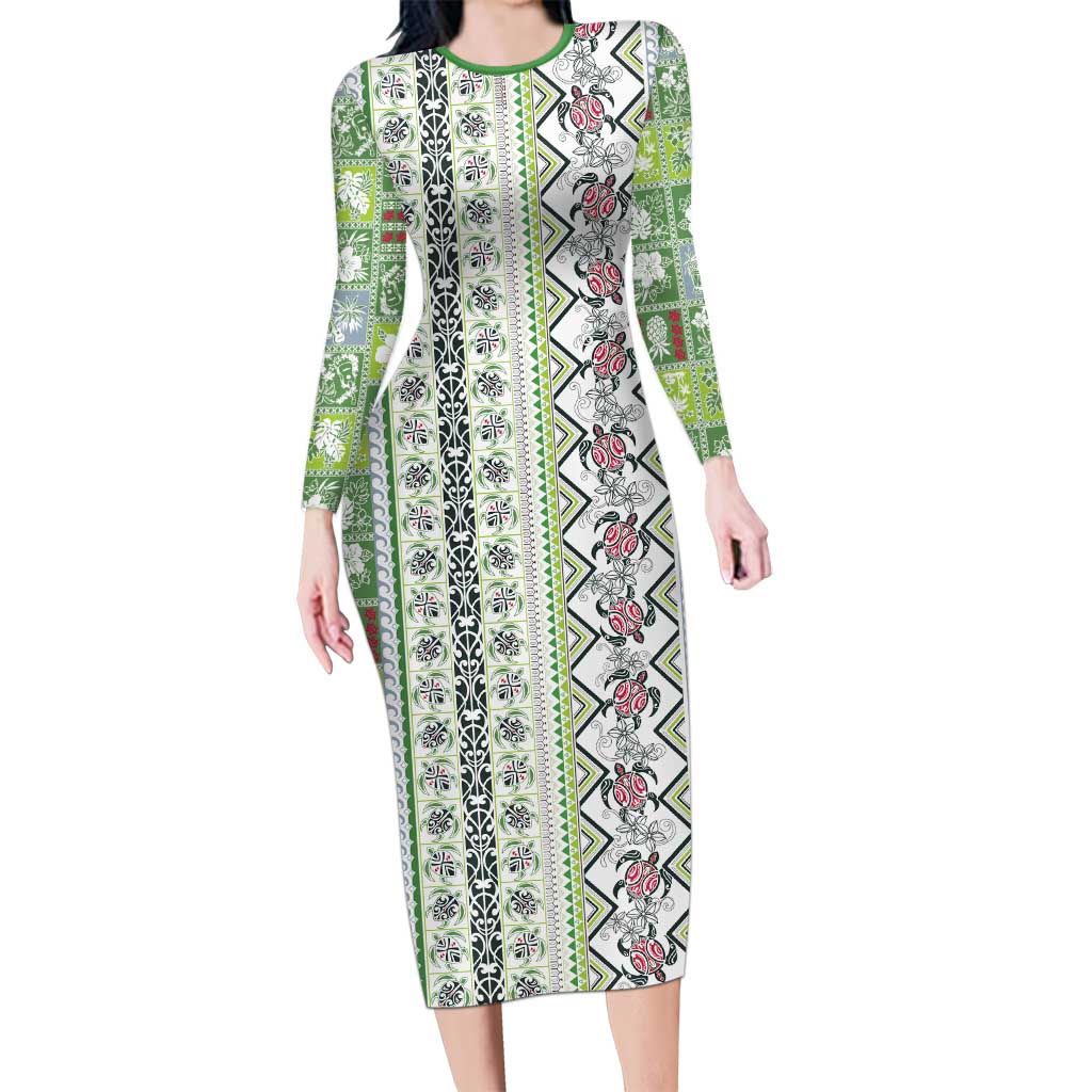 Hawaii Makahiki Turtle Family Matching Long Sleeve Bodycon Dress and Hawaiian Shirt Green Tapa Pattern LT05 Mom's Dress Green - Polynesian Pride