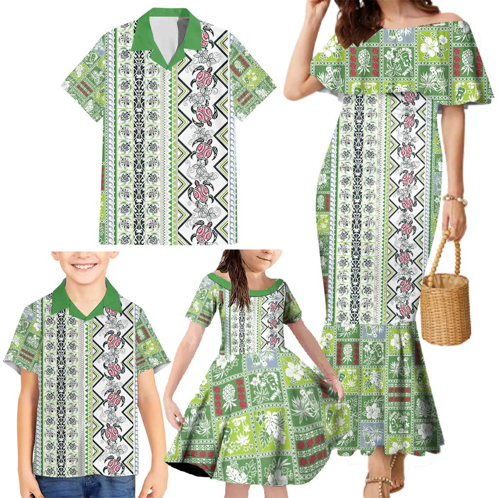 Hawaii Makahiki Turtle Family Matching Mermaid Dress and Hawaiian Shirt Green Tapa Pattern LT05 - Polynesian Pride