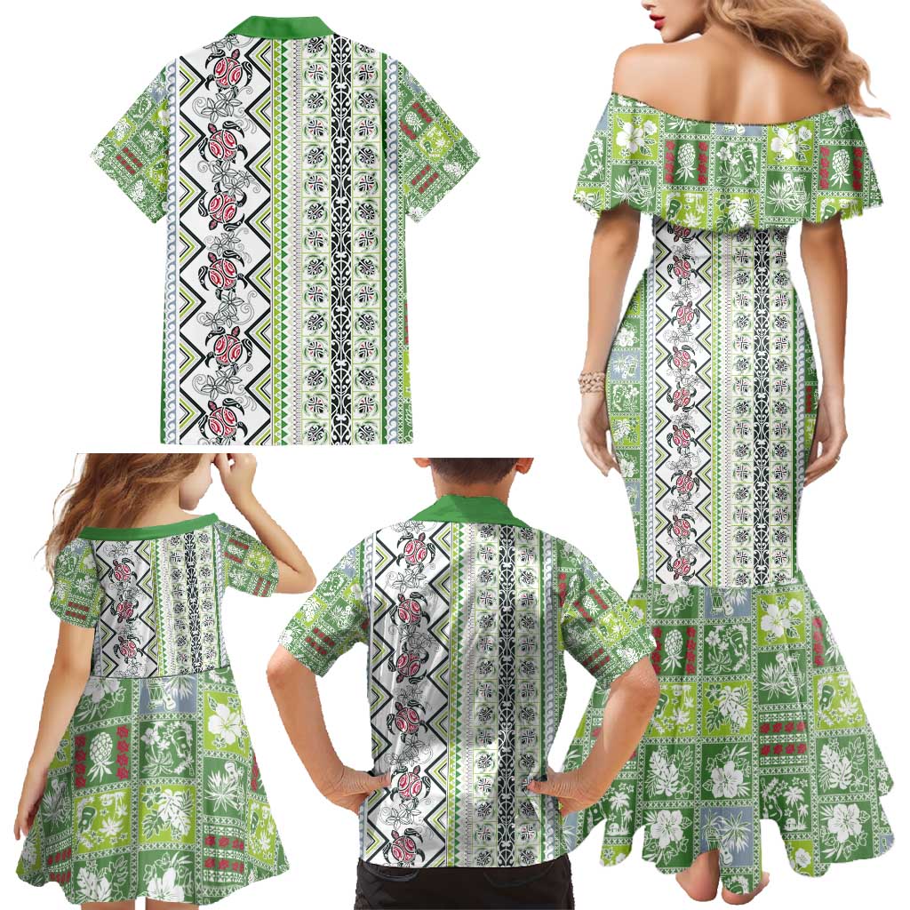 Hawaii Makahiki Turtle Family Matching Mermaid Dress and Hawaiian Shirt Green Tapa Pattern LT05 - Polynesian Pride