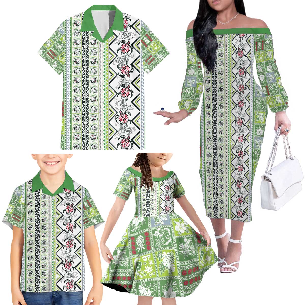 Hawaii Makahiki Turtle Family Matching Off The Shoulder Long Sleeve Dress and Hawaiian Shirt Green Tapa Pattern LT05 - Polynesian Pride
