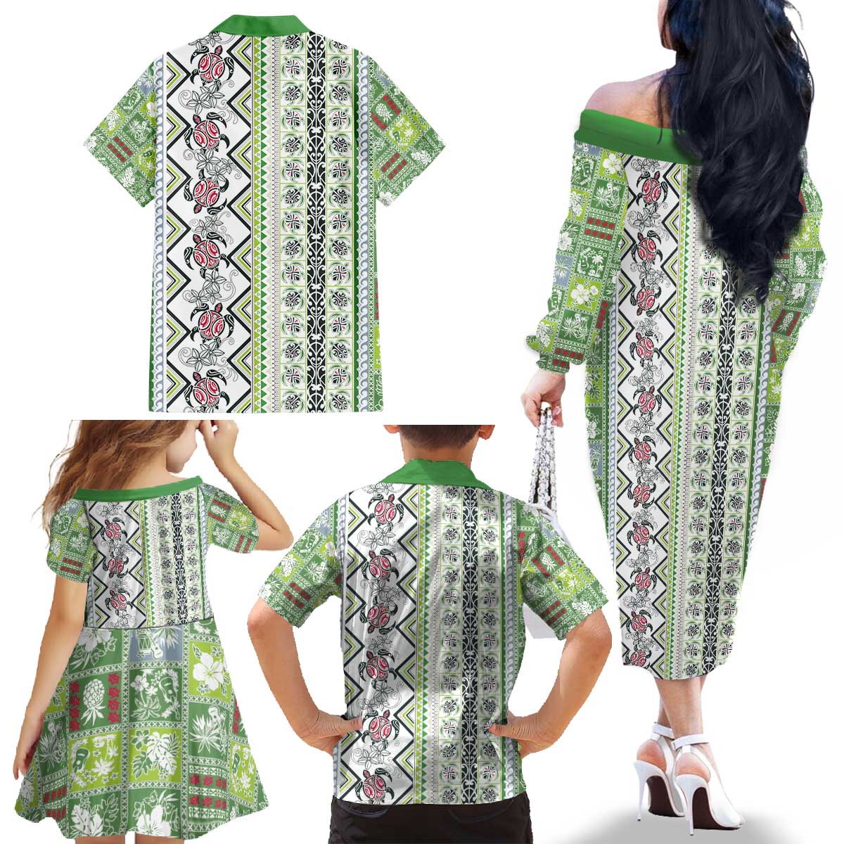 Hawaii Makahiki Turtle Family Matching Off The Shoulder Long Sleeve Dress and Hawaiian Shirt Green Tapa Pattern LT05 - Polynesian Pride