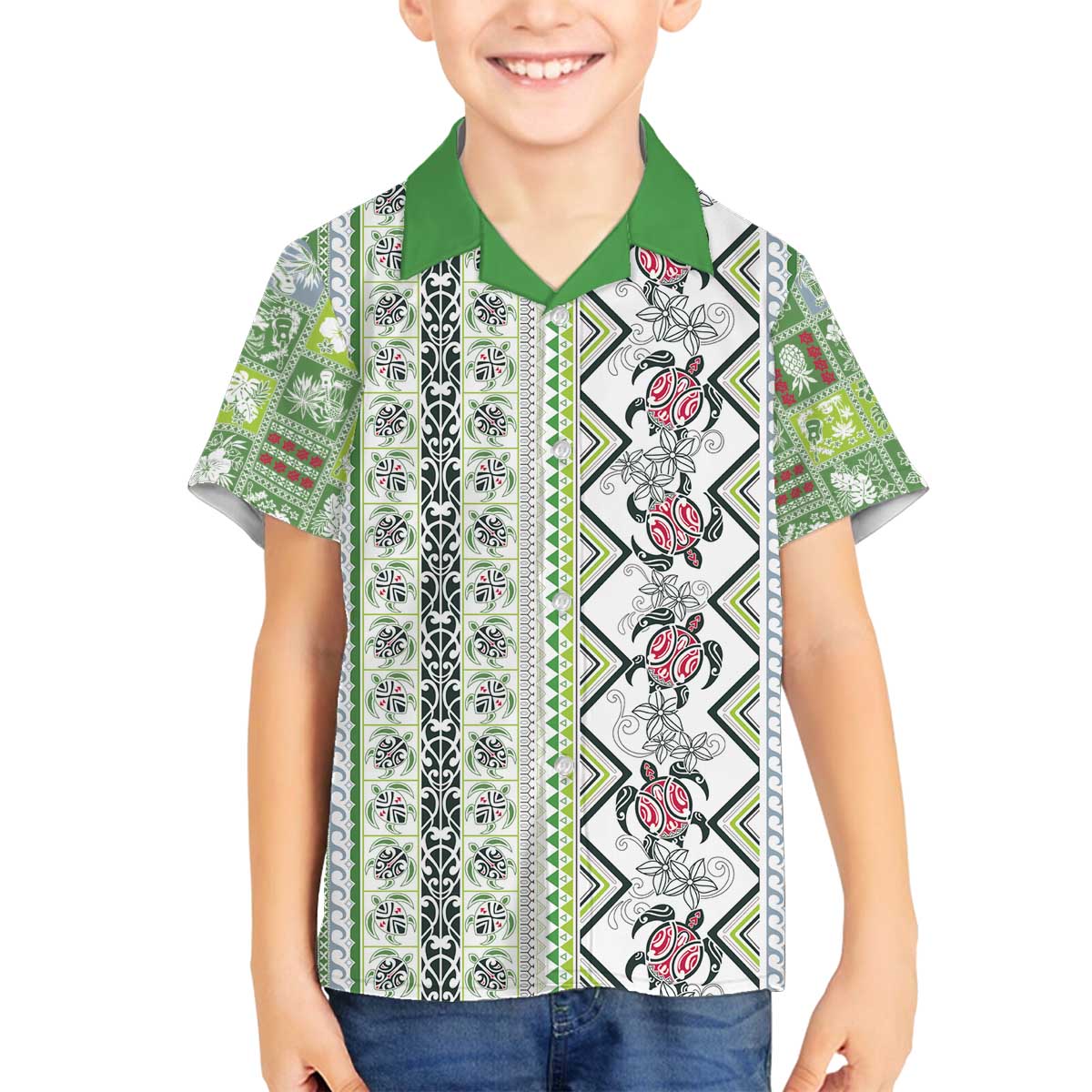 Hawaii Makahiki Turtle Family Matching Off The Shoulder Long Sleeve Dress and Hawaiian Shirt Green Tapa Pattern LT05 Son's Shirt Green - Polynesian Pride