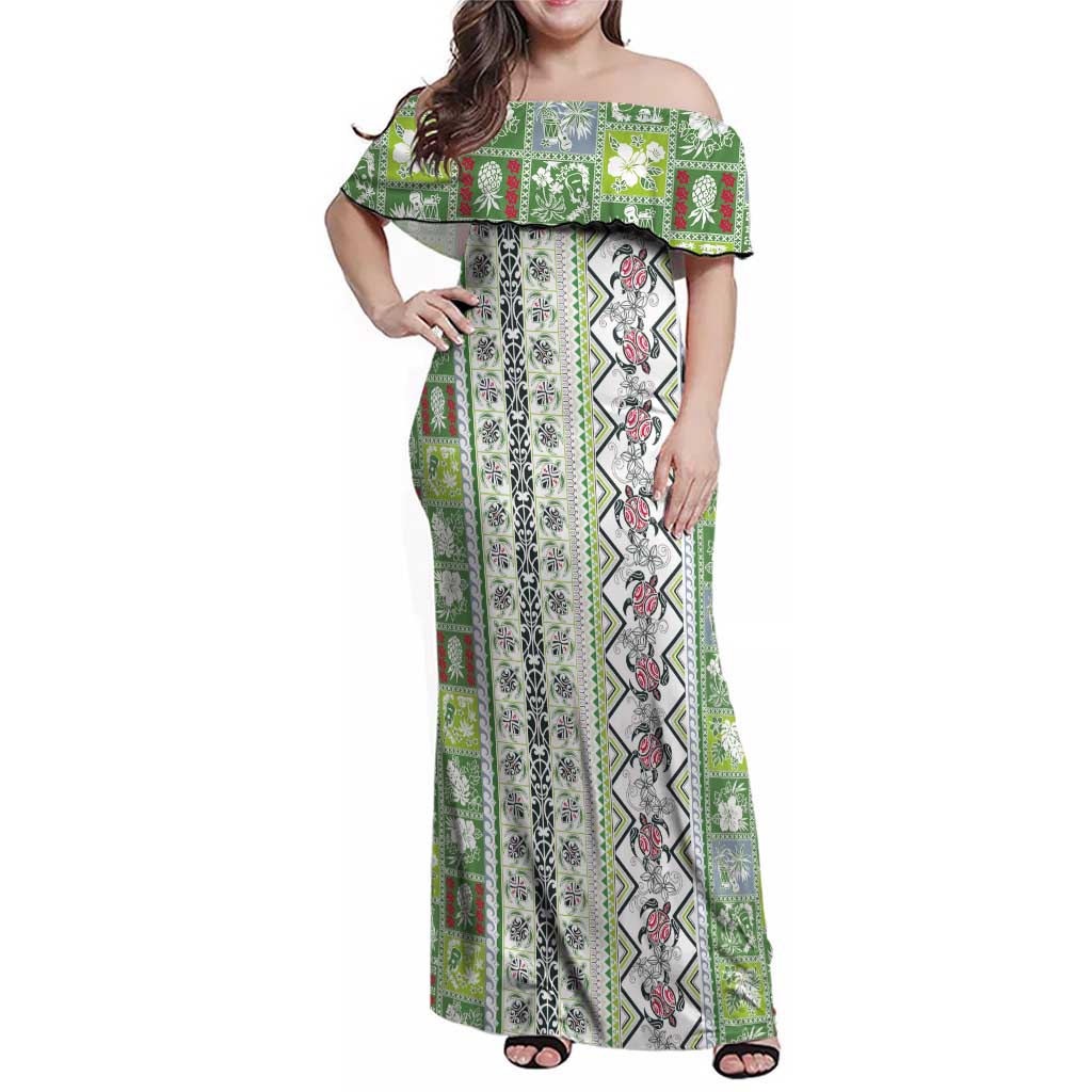 Hawaii Makahiki Turtle Family Matching Off Shoulder Maxi Dress and Hawaiian Shirt Green Tapa Pattern - Polynesian Pride