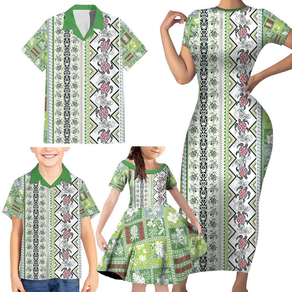 Hawaii Makahiki Turtle Family Matching Short Sleeve Bodycon Dress and Hawaiian Shirt Green Tapa Pattern LT05 - Polynesian Pride