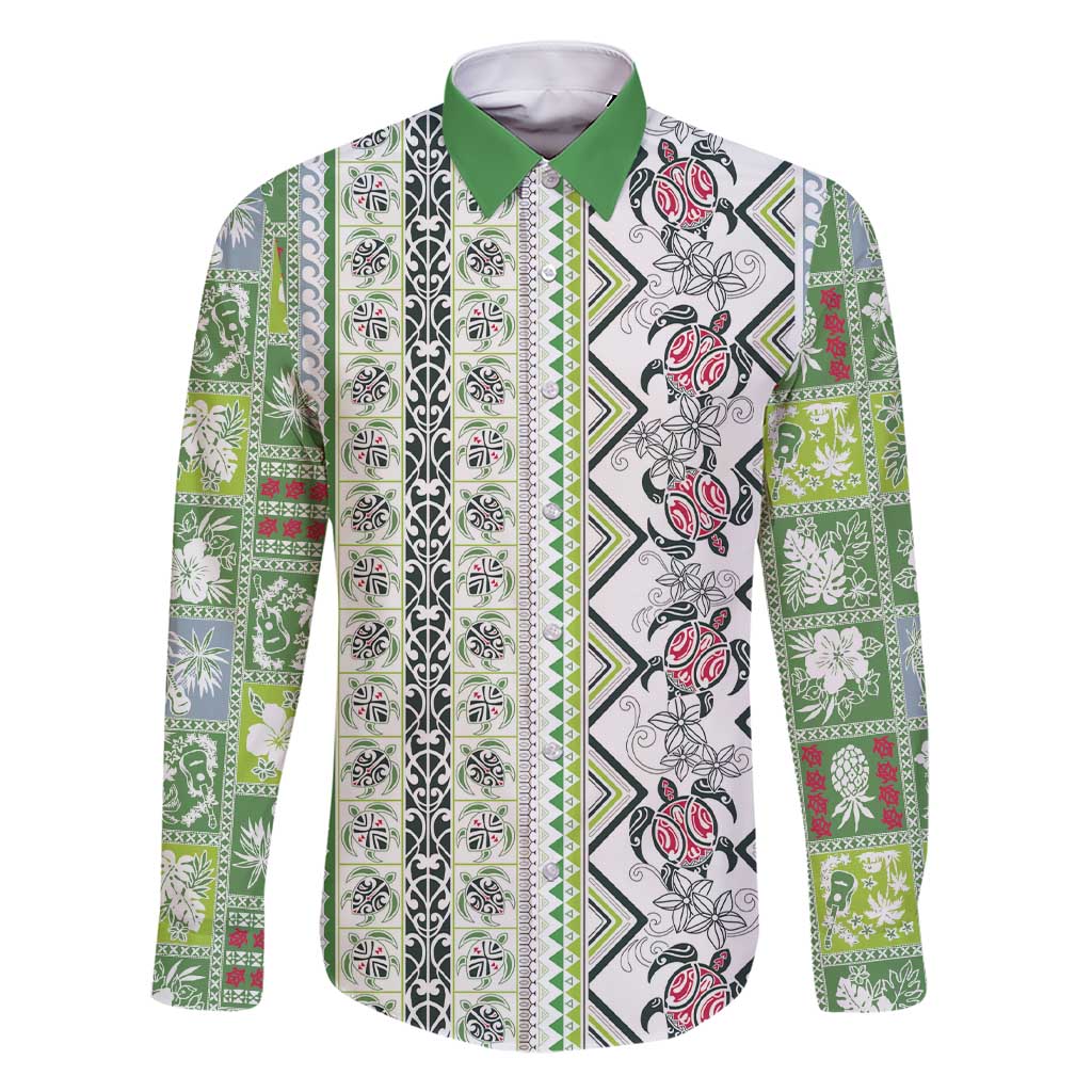 Hawaii Makahiki Turtle Family Matching Short Sleeve Bodycon Dress and Hawaiian Shirt Green Tapa Pattern LT05 Dad's Shirt - Long Sleeve Green - Polynesian Pride