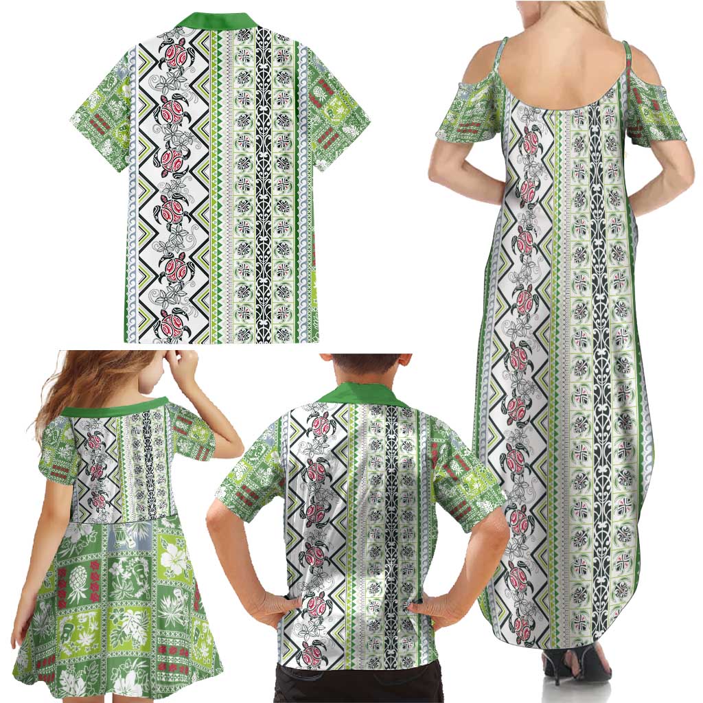 Hawaii Makahiki Turtle Family Matching Summer Maxi Dress and Hawaiian Shirt Green Tapa Pattern - Polynesian Pride