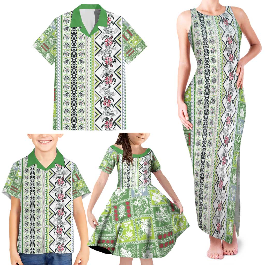 Hawaii Makahiki Turtle Family Matching Tank Maxi Dress and Hawaiian Shirt Green Tapa Pattern LT05 - Polynesian Pride