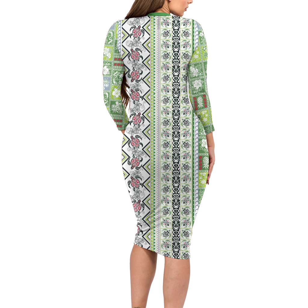 Hawaii Makahiki Turtle Long Sleeve Bodycon Dress Green Tapa Pattern LT05 - Polynesian Pride