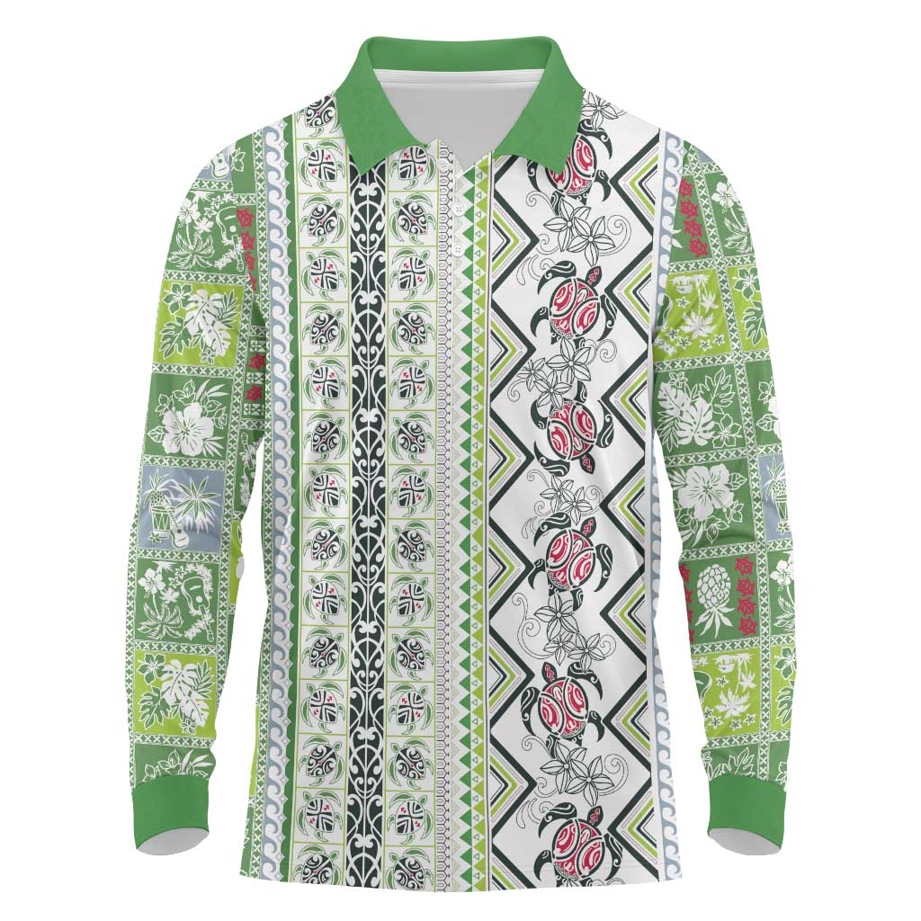 Hawaii Makahiki Turtle Long Sleeve Polo Shirt Green Tapa Pattern - Polynesian Pride
