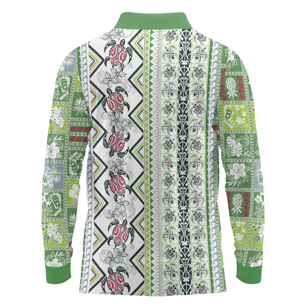Hawaii Makahiki Turtle Long Sleeve Polo Shirt Green Tapa Pattern LT05 - Polynesian Pride