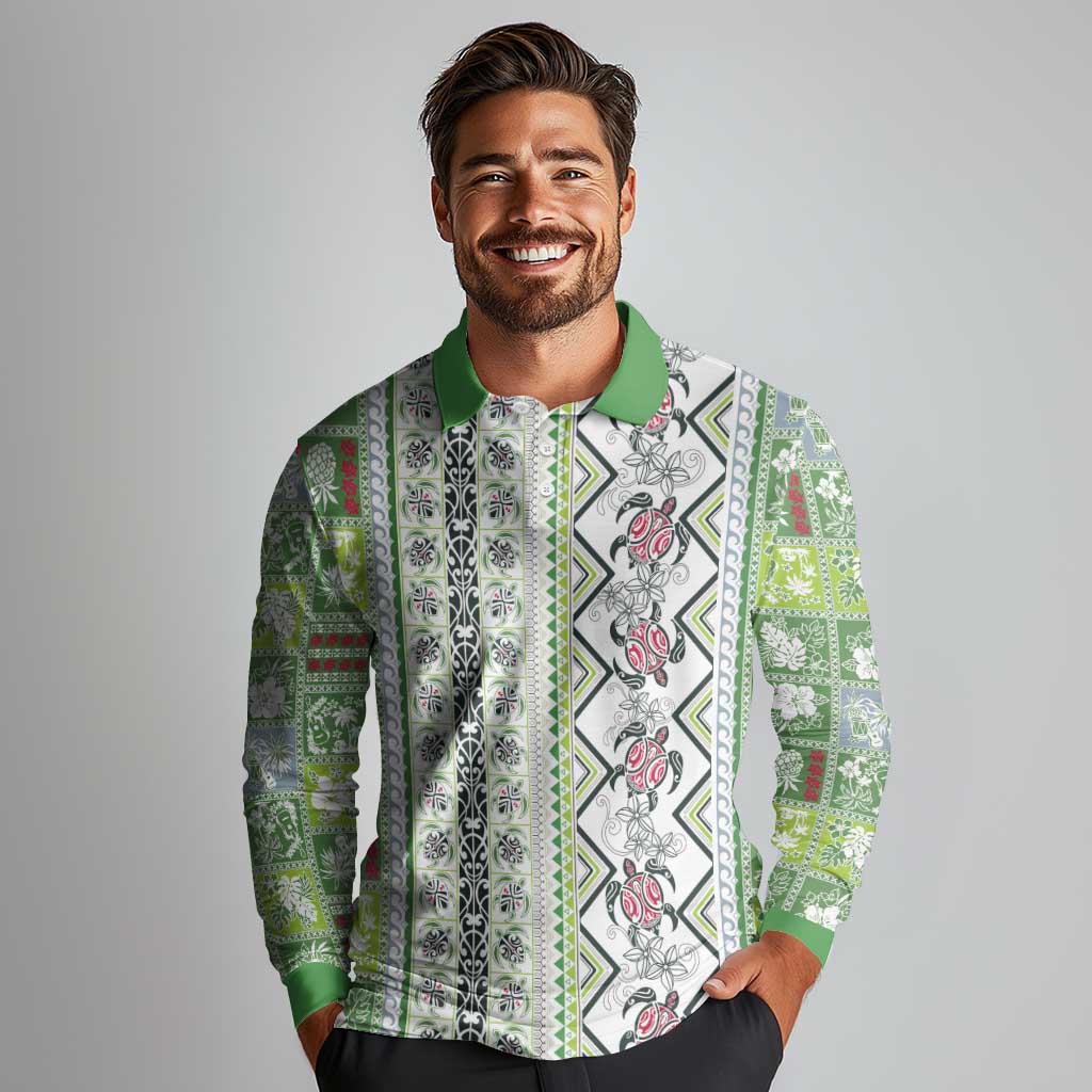 Hawaii Makahiki Turtle Long Sleeve Polo Shirt Green Tapa Pattern LT05 - Polynesian Pride