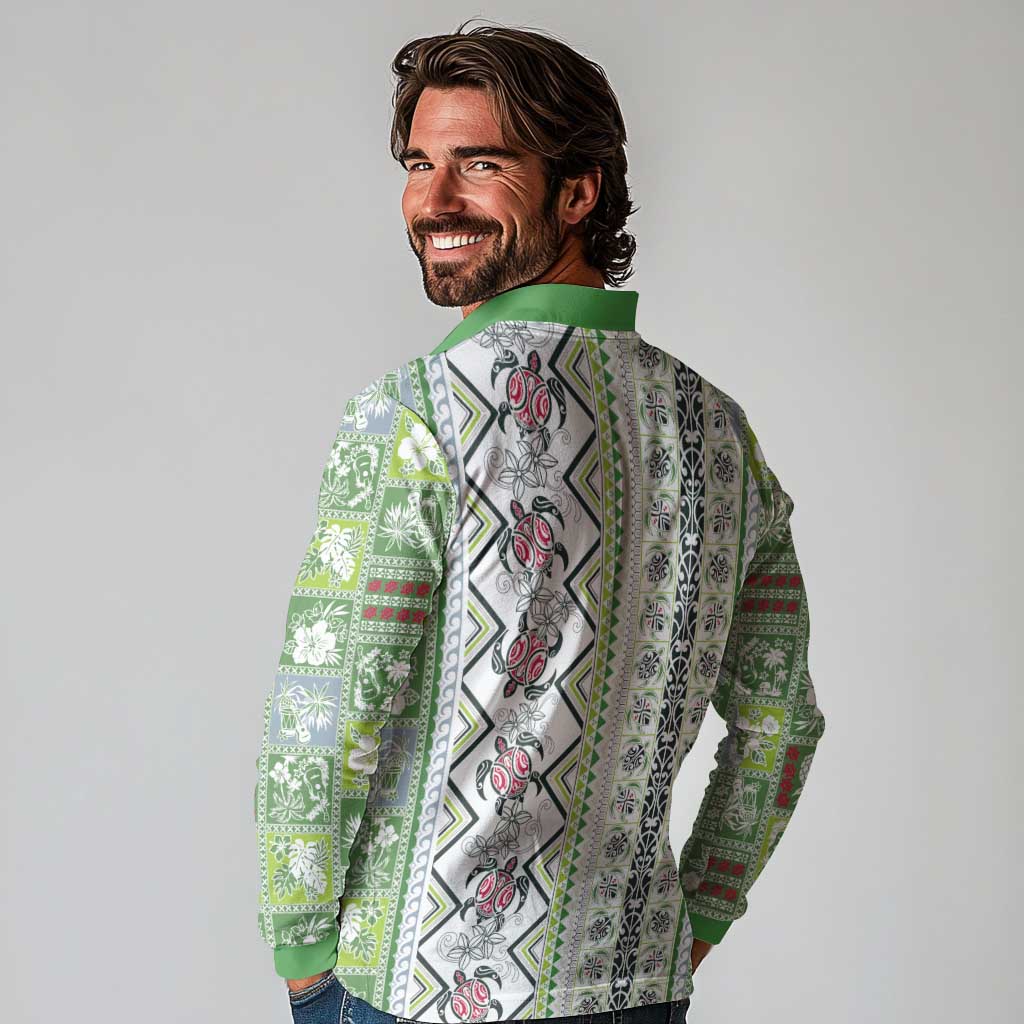 Hawaii Makahiki Turtle Long Sleeve Polo Shirt Green Tapa Pattern LT05 - Polynesian Pride