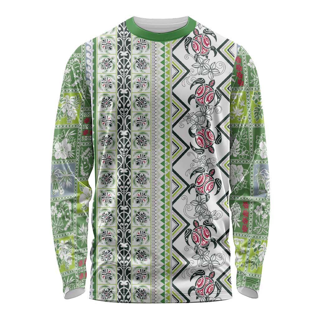 Hawaii Makahiki Turtle Long Sleeve Shirt Green Tapa Pattern - Polynesian Pride