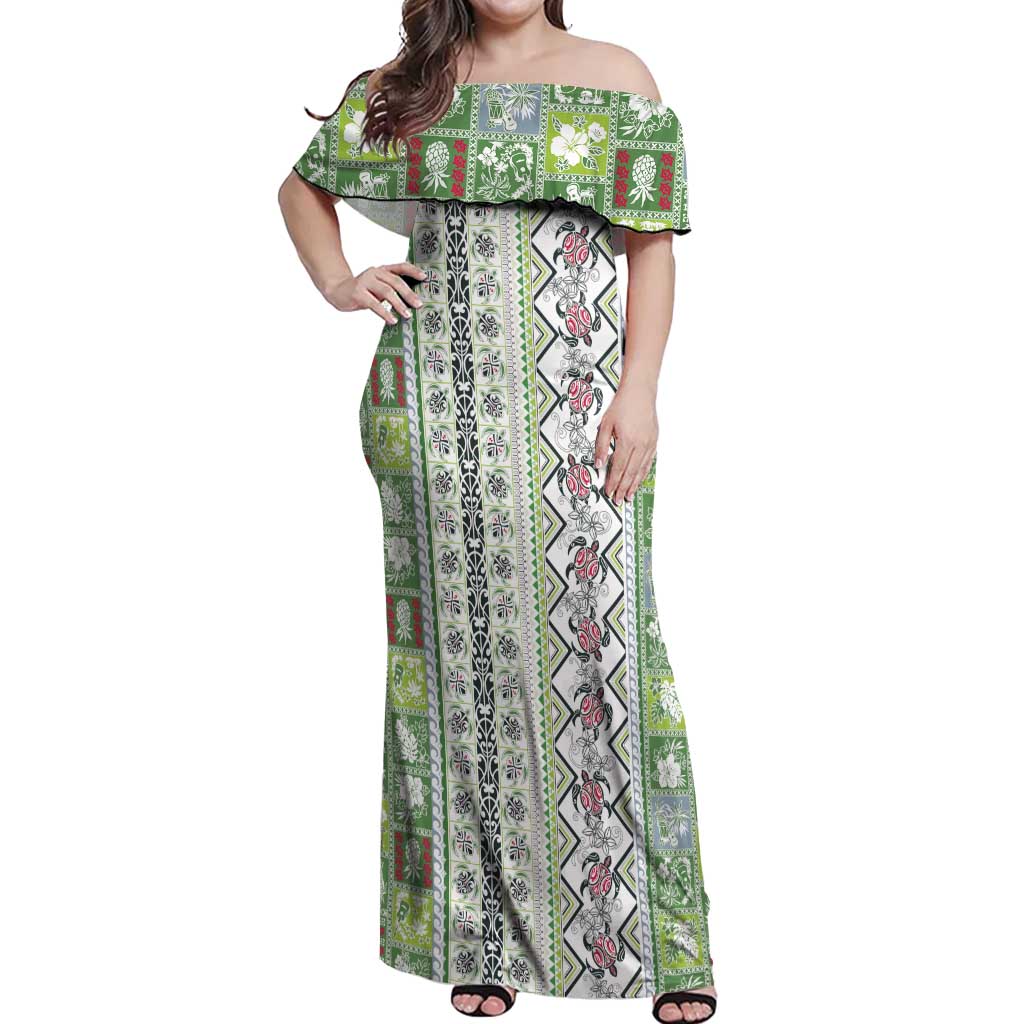 Hawaii Makahiki Turtle Off Shoulder Maxi Dress Green Tapa Pattern LT05 Women Green - Polynesian Pride