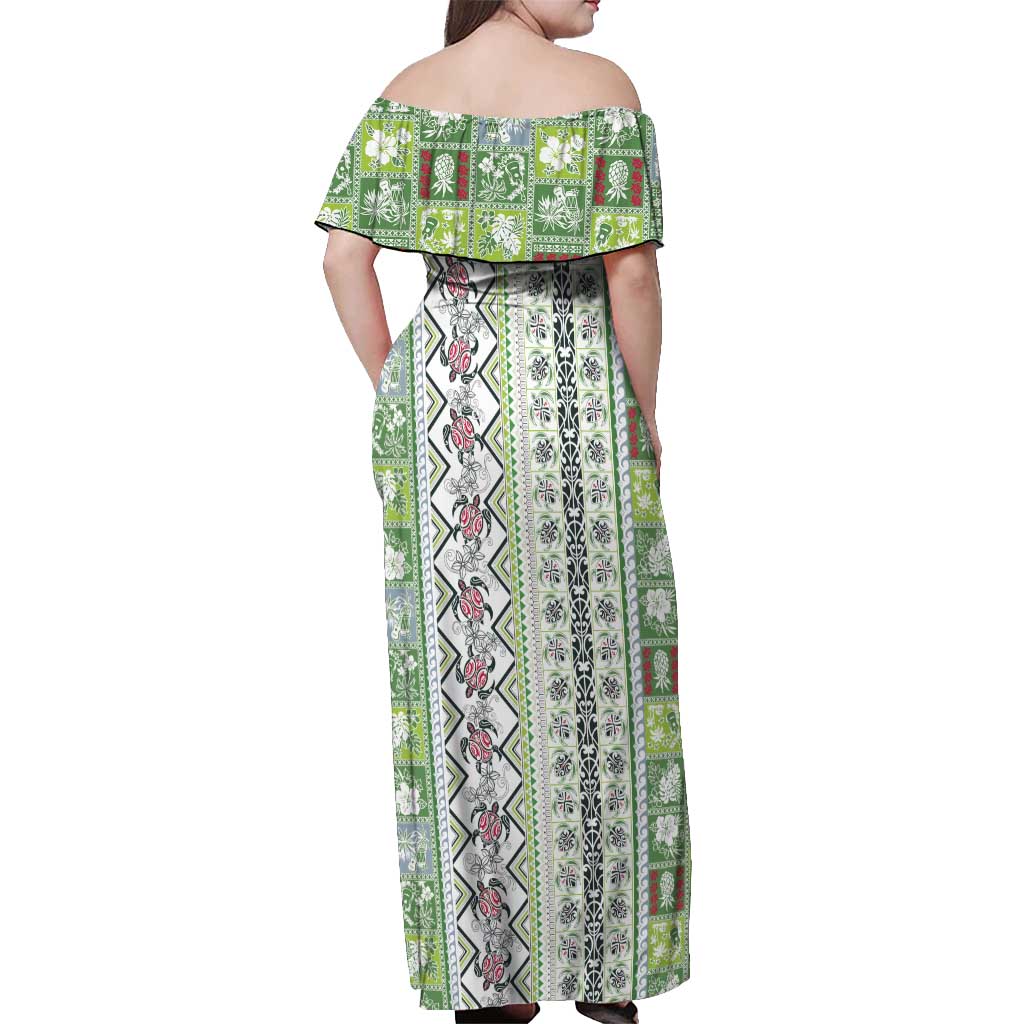 Hawaii Makahiki Turtle Off Shoulder Maxi Dress Green Tapa Pattern LT05 - Polynesian Pride