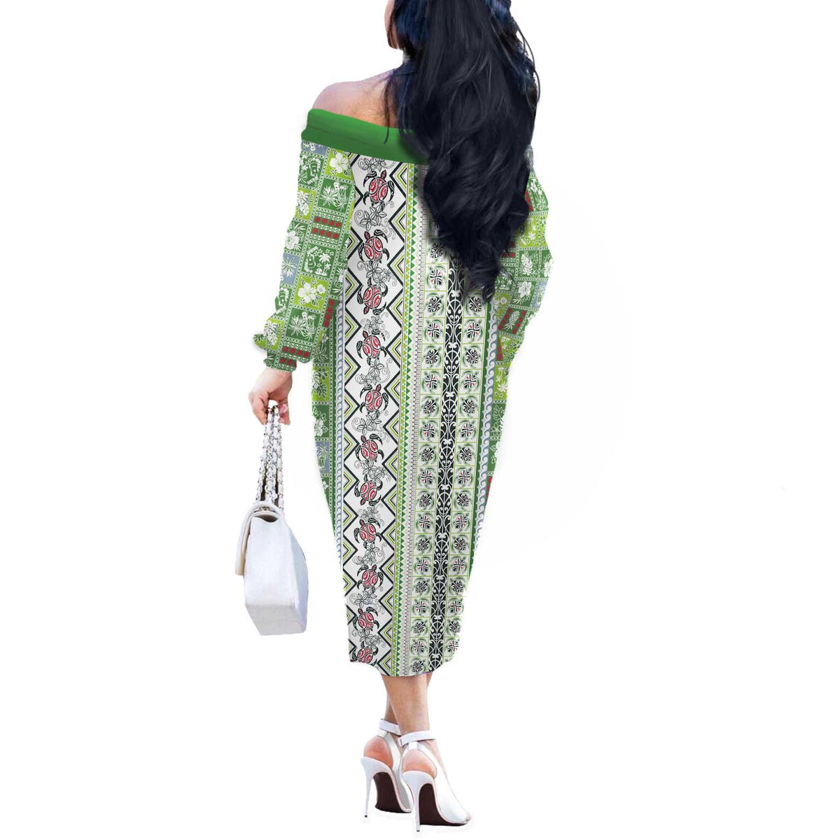 Hawaii Makahiki Turtle Off The Shoulder Long Sleeve Dress Green Tapa Pattern LT05 - Polynesian Pride
