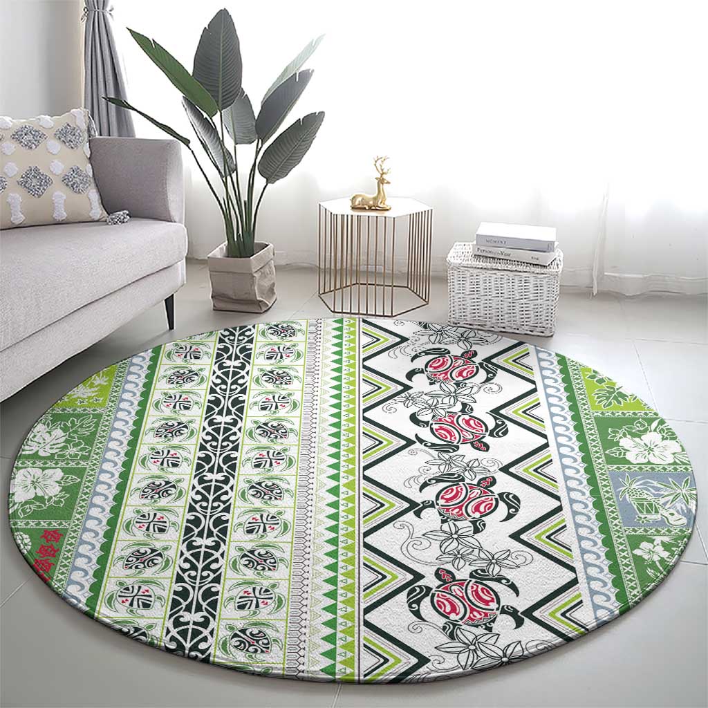 Hawaii Makahiki Turtle Round Carpet Green Tapa Pattern LT05 - Polynesian Pride