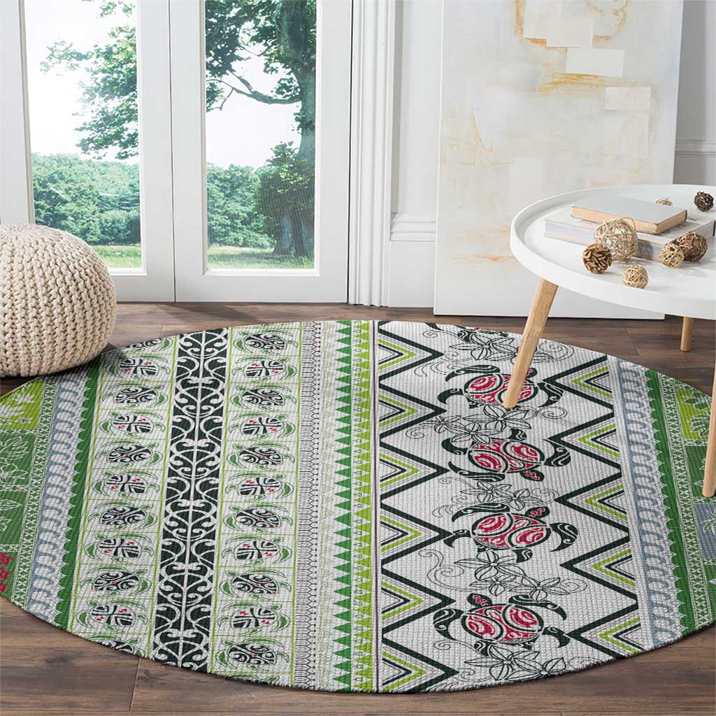 Hawaii Makahiki Turtle Round Carpet Green Tapa Pattern LT05 - Polynesian Pride