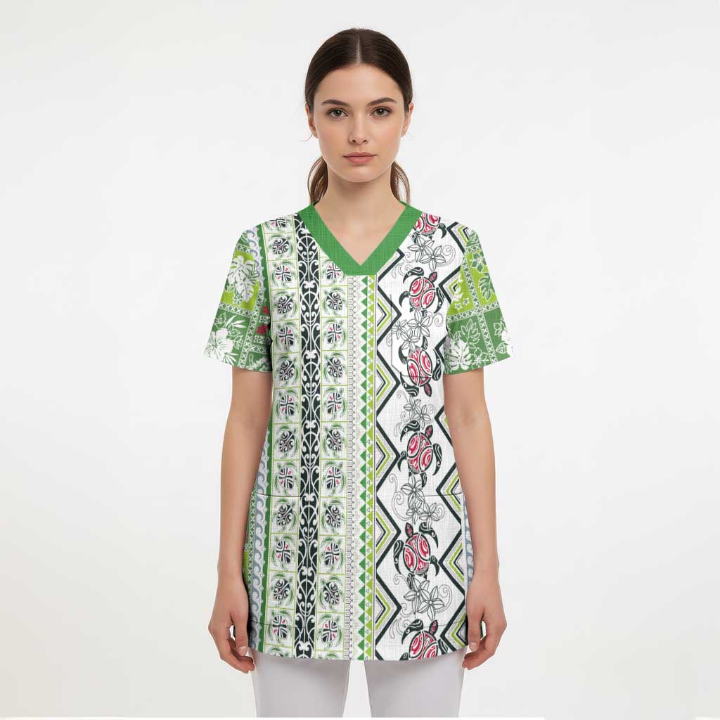 Hawaii Makahiki Turtle Scrub Top Green Tapa Pattern - Polynesian Pride