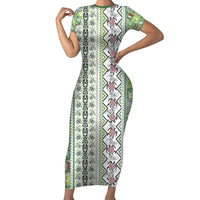 Hawaii Makahiki Turtle Short Sleeve Bodycon Dress Green Tapa Pattern LT05 Long Dress Green - Polynesian Pride