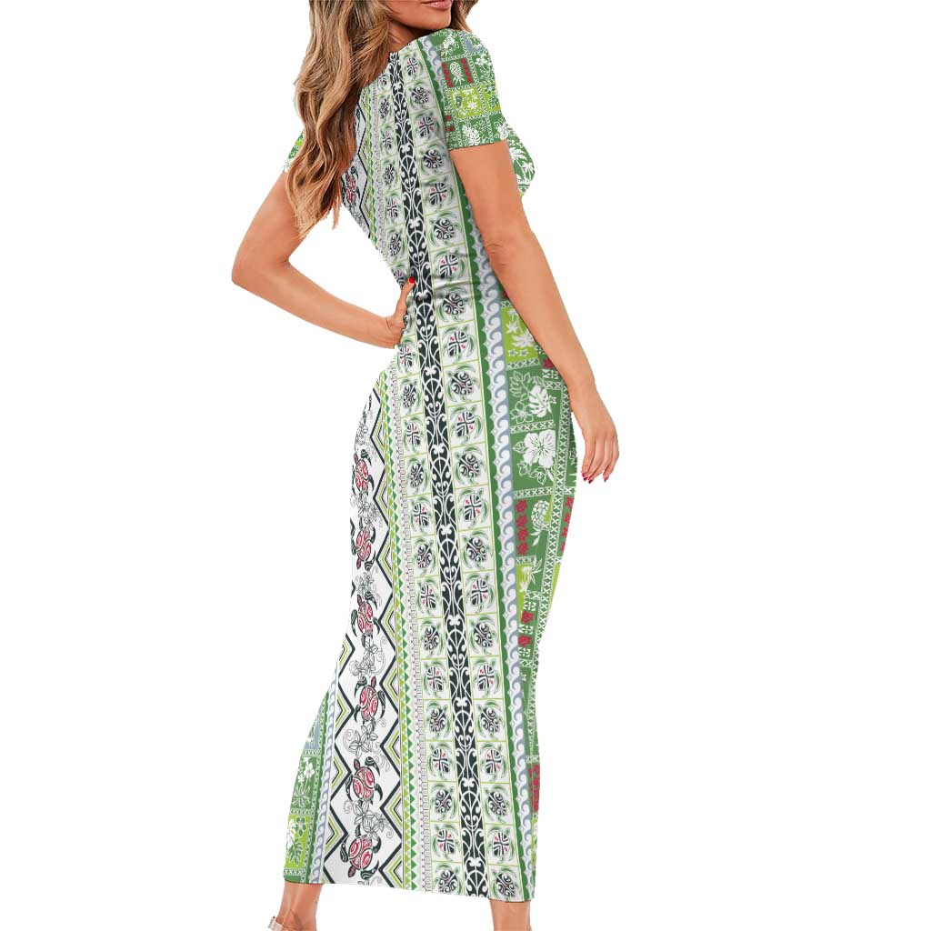 Hawaii Makahiki Turtle Short Sleeve Bodycon Dress Green Tapa Pattern LT05 - Polynesian Pride
